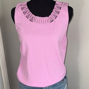 Women's Pink Sleeveless Knit Tank with Decorative Crochet Neckline Large